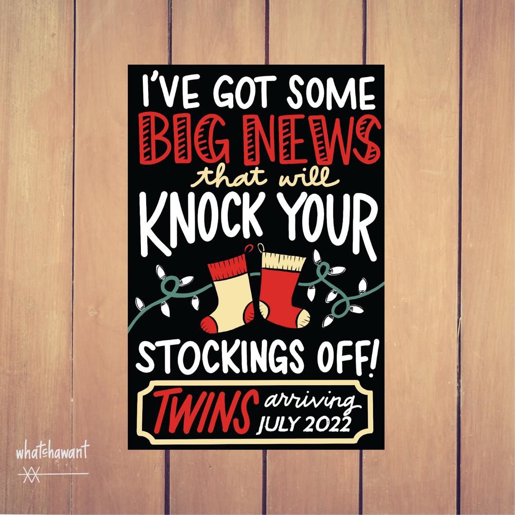 Big News, Knock Your Stockings Off Twins Baby Announcement | Pregnancy, Adoption | Instant Digital Download | Christmas Photo Prop | Custom