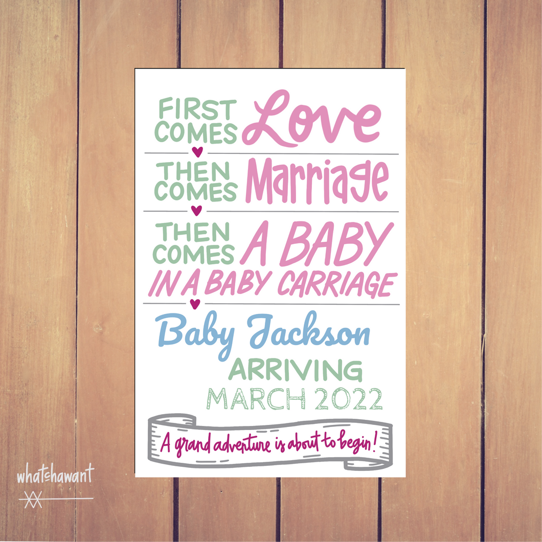 First Comes Love, Baby Carriage | Baby Announcement | Pregnancy, Adoption | Instant Digital Download | Customizable