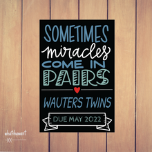 Load image into Gallery viewer, Miracles Come in Pairs | Twins Baby Announcement | Pregnancy, Adoption | Instant Digital Download | Customizable

