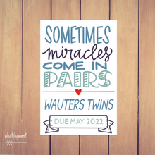 Load image into Gallery viewer, Miracles Come in Pairs | Twins Baby Announcement | Pregnancy, Adoption | Instant Digital Download | Customizable
